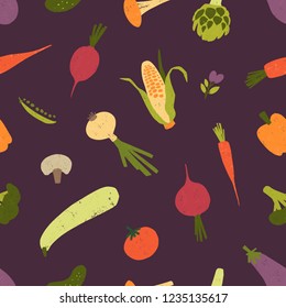 Seamless pattern with raw vegetables and mushrooms on black background. Backdrop with delicious fresh veggie food. Colorful flat vector illustration for textile print, wrapping paper, wallpaper.