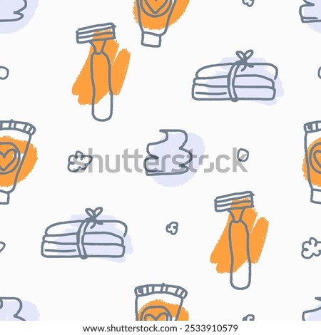 Seamless pattern with razor, shaving foam, cream, towel. Personal care, hygiene and body health. Doodle vector illustration. Childish naive art style