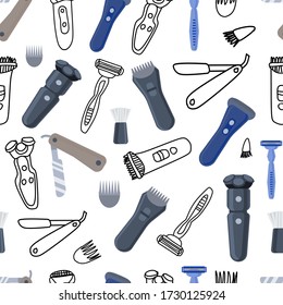 Patrón sin inconvenientes de cuchillas de afeitar, peinados.Patrón de afeitadores eléctricos y rectos para hombres y pañales para el pelo.Herramientas de desgaste en un fondo blanco.Accesorios de belleza para hombres.Ilustración vectorial en un estilo plano.