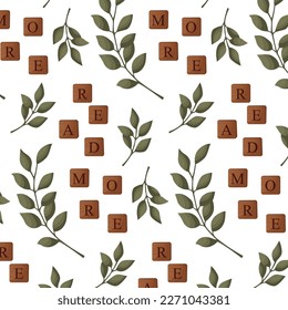 Seamless pattern "Read more" hand drawn word spelt with wooden letter tiles. Wood cubes. Bookstore, bookshop, library, book lover, bibliophile, education. Vector illustration for card, poster, banner