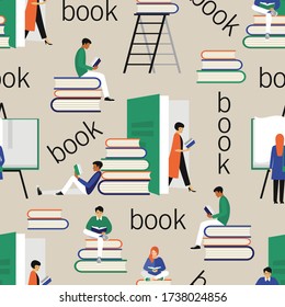 seamless pattern of reading for people of different nationalities and books. the pattern is supplemented with the inscription book. laconic color scheme, 
flat drawing in cartoon style. stock vector.