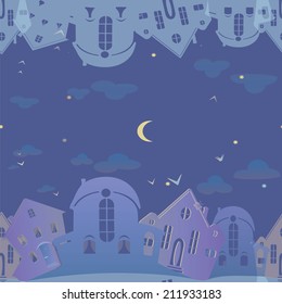 Seamless pattern of real estate. Blue background with houses. Night sky city. Vector illustration