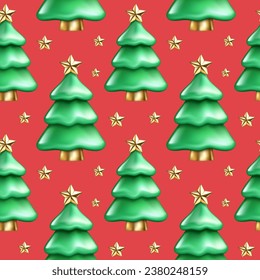 Seamless pattern of realistic 3d cartoon green Christmas tree, golden star. Decorative winter holiday symbol. Happy New Year vector illustration for greeting card, wallpaper, wrapping paper, fabric