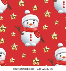 Patrón sin foco de caricatura 3d realista Hombre de nieve de Navidad con bufanda, sombrero, manos de madera y estrella dorada. Ilustración vectorial Cute Happy Año Nuevo para tarjeta de felicitación, papel tapiz, papel de envoltura, tela
