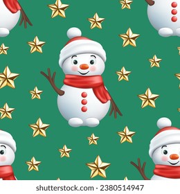 Seamless pattern of realistic 3d cartoon Christmas snowman with scarf, hat, wooden hands and golden star. Cute Happy New Year vector illustration for greeting card, wallpaper, wrapping paper, fabric