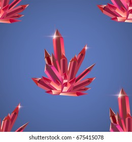 Seamless pattern realistic 3D crystals, transparent background. Semi-precious stones, gems, garnet, emerald, ruby. Vector illustration, high detailed jewels. Abstract Presentation logo cristal. EPS 10