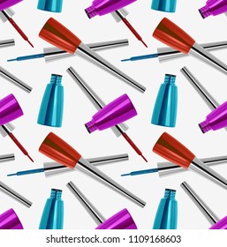 Seamless pattern with realistic 3d eyeliner, product mockup, bright, colorful eyeliner texture on white background. Vector illustration