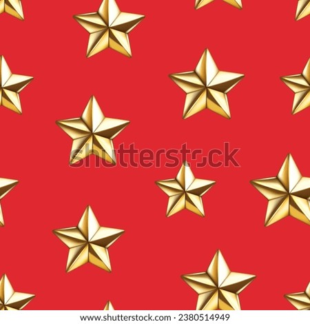 Seamless pattern of realistic 3d glossy golden star. Decorative 3d winner emblem, Christmas star element. Happy New Year vector illustration for greeting card, wallpaper, wrapping paper, fabric