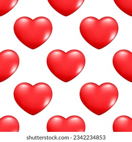 Seamless pattern of realistic 3d hearts. Decorative romantic icon love symbol. Valentines day collection of red hearts. Hand drawn vector illustration for wallpaper, wrapping paper, fabric