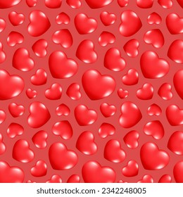 Seamless pattern of realistic 3d hearts. Decorative romantic icon love symbol. Valentines day collection of red hearts. Hand drawn vector illustration for wallpaper, wrapping paper, fabric