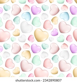 Seamless pattern of realistic 3d hearts. Decorative romantic icon love symbol. Valentines day collection of colorful hearts. Hand drawn vector illustration for wallpaper, wrapping paper, fabric