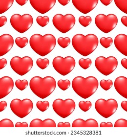 Seamless pattern of realistic 3d hearts. Decorative romantic icon love symbol. Valentines day collection of red hearts. Hand drawn vector illustration for wallpaper, wrapping paper, fabric