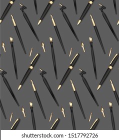 Seamless pattern with realistic 3D pens, pencils and feathers for writing. Stationery on a gray background. Vector texture for wallpapers, backgrounds and your creativity.