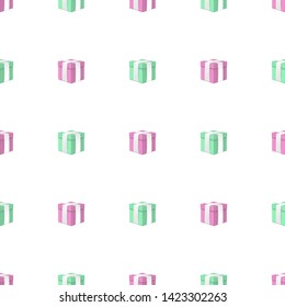 Seamless pattern with realistic 3d pink and mint gift boxes with white ribbon on white background. Christmas, New Year, Celebrations, Birthdays. Vector illustration for design, wrapping paper, fabric.