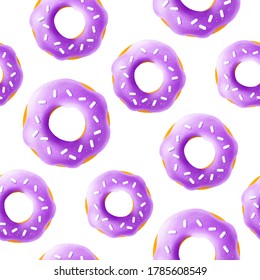 Seamless Pattern of realistic 3d render violet, purple donuts. Vector illustration isolated on white background.