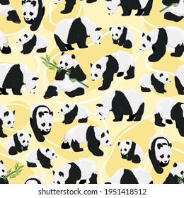 Seamless pattern with realistic adult giant pandas bears and their cubs. Ailuropoda melanoleuca. Animals of China. Vector illustration