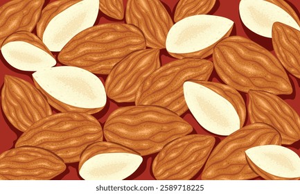 Seamless Pattern of Realistic Almond Nuts – Digital Illustration Featuring Whole and Halved Almonds