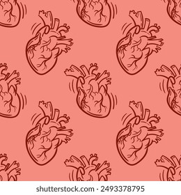 Seamless pattern Realistic anatomic heart, vector hand drawn illustration in doodle style, sketch drawing. For wallpaper, fabric, wrapping, background