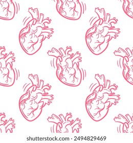 Corazón anatómico realista, ilustración dibujada a mano de Vector en estilo doodle, dibujo de boceto. Para Fondo de pantalla, tela, envoltura, fondo