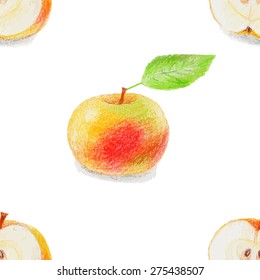 Seamless pattern with realistic apple drawn by color pencils