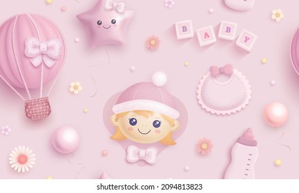 Seamless pattern with realistic baby elements. Vector illustration