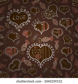 Seamless pattern with realistic beautiful brown, white and gray heart. Love and Holiday theme. Happy Valentines day. Vector illustration.