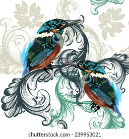 Seamless pattern with realistic birds and swirls
