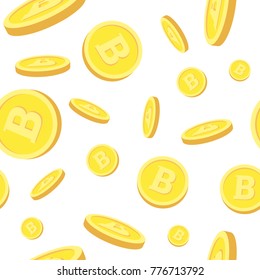 Seamless Pattern With Realistic Bitcoins Falling Down On White Background Crypto Currency Mining Concept Vector Illustration