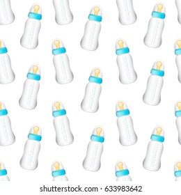 Seamless pattern from realistic blue baby bottles. Vector illustration