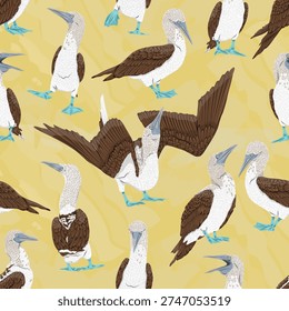 Seamless pattern with realistic blue-footed booby birds on yellow background, vector tropical seabird background with various poses and flying gannet, nature illustration for textile