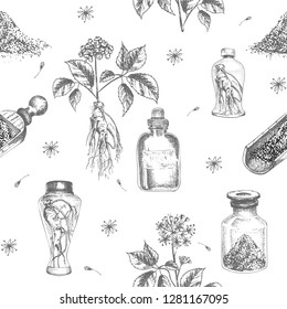 Seamless pattern realistic botanical ink sketch of ginseng root, flowers, berries, bottle, mortar and pestle isolated on white background, Medicine plant. Vintage rustic vector illustration.