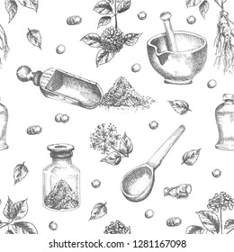 Seamless pattern realistic botanical ink sketch of ginseng root, flowers, berries, bottle, mortar and pestle isolated on white background, Medicine plant. Vintage rustic vector illustration.