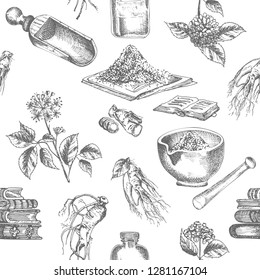 Seamless Pattern Realistic Botanical Ink Sketch Of Ginseng Root, Flowers, Berries, Bottle, Mortar And Pestle Isolated On White Background, Medicine Plant. Vintage Rustic Vector Illustration.