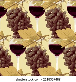 Patrón sin foco con racimos realistas de uva y vasos de vino tinto sobre un amarillo claro. Adecuado para papel pintado, envolver papel o diseño de tela. Fondo vectorial sobre una temática vitivinícola de estilo retro