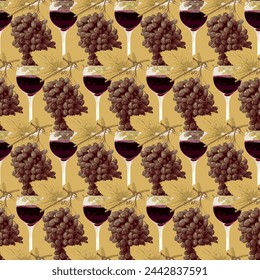 Seamless pattern with realistic bunches of grapes and glasses of red wine on gold backdrop. Suitable for wallpaper, wrapping paper or fabric design. Vector background on a wine theme in retro style
