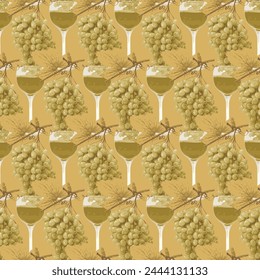 Seamless pattern with realistic bunches of grapes and glasses of white wine on gold backdrop. Suitable for wallpaper, wrapping paper or fabric design. Vector background on a wine theme in retro style