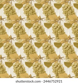 Seamless pattern with realistic bunches of grapes and glasses of white wine on beige backdrop. Suitable for wallpaper, wrapping paper or fabric design. Vector background on a wine theme in retro style