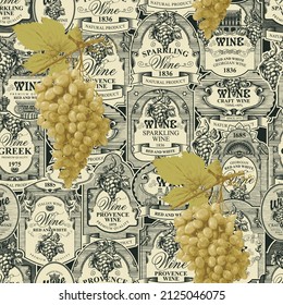 Seamless pattern with realistic bunches of green grapes on a backdrop of hand-drawn wine labels. Vector background on the theme of wine and winery. Suitable for wallpaper, wrapping paper or fabric