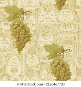 Seamless pattern with realistic bunches of green grapes on a backdrop of vintage hand-drawn wine labels. Vector background on the theme of wine and winery, wallpaper, wrapping paper or fabric design