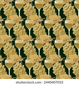 Nahtloses Muster mit realistischen Bündeln von grünen Trauben und Gläsern Weißwein auf schwarzer Kulisse. Vektor-Hintergrund zum Thema Wein. Geeignet für Tapeten, Wickelpapier oder Stoff