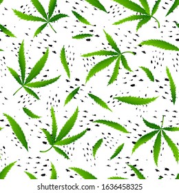 Seamless pattern with realistic cannabis leaf or health hemp. Marijuana texture for print, wallpaper, web, poster, card, sale. Vector Illustration
