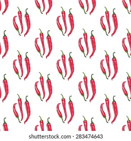 Seamless pattern with realistic chili peppers. Hand-drawn background. Vector illustration. Real watercolor drawing.