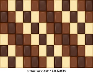 Seamless Pattern. Realistic Chocolate Bar Pieces. Milk, Dark, White. Vector.