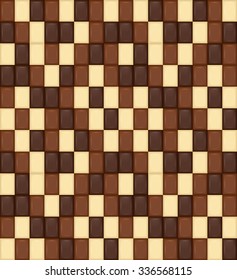 Seamless Pattern. Realistic Chocolate Bar Pieces. Milk, Dark, White. Vector.
