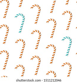 Seamless pattern of realistic Christmas candy cane.  Striped traditional noel dessert.  Vector illustration Isolated on white background.