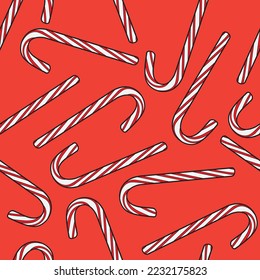Patrón sin inconvenientes: caramelos de Navidad realistas aislados de fondo rojo. Ilustración vectorial. Icono de vista superior. Plantilla para una tarjeta de felicitación para Navidad y Año Nuevo.