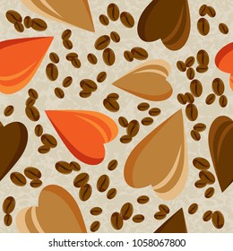 Seamless pattern with realistic  coffee beans. coffe background, seamless pattern design for coffee shop, coffee pattern, cafeteria pattern.Vector illustration. Eps 10. Hearts and coffee beans .
