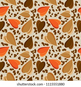 Seamless pattern with realistic  coffee beans.  seamless pattern design for coffee shop, coffee pattern, cafeteria pattern.Vector illustration. Eps 10. Hearts and coffee beans on a light background. 