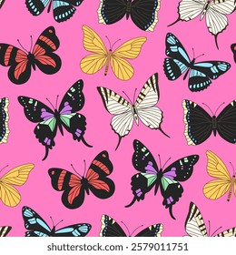 Seamless pattern with realistic colorful tropical butterflies. Hand-drawn vector illustration.