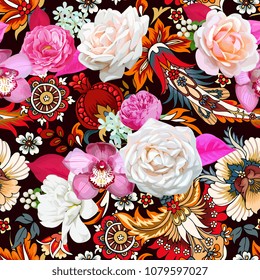 Seamless pattern with realistic and decorative flowers